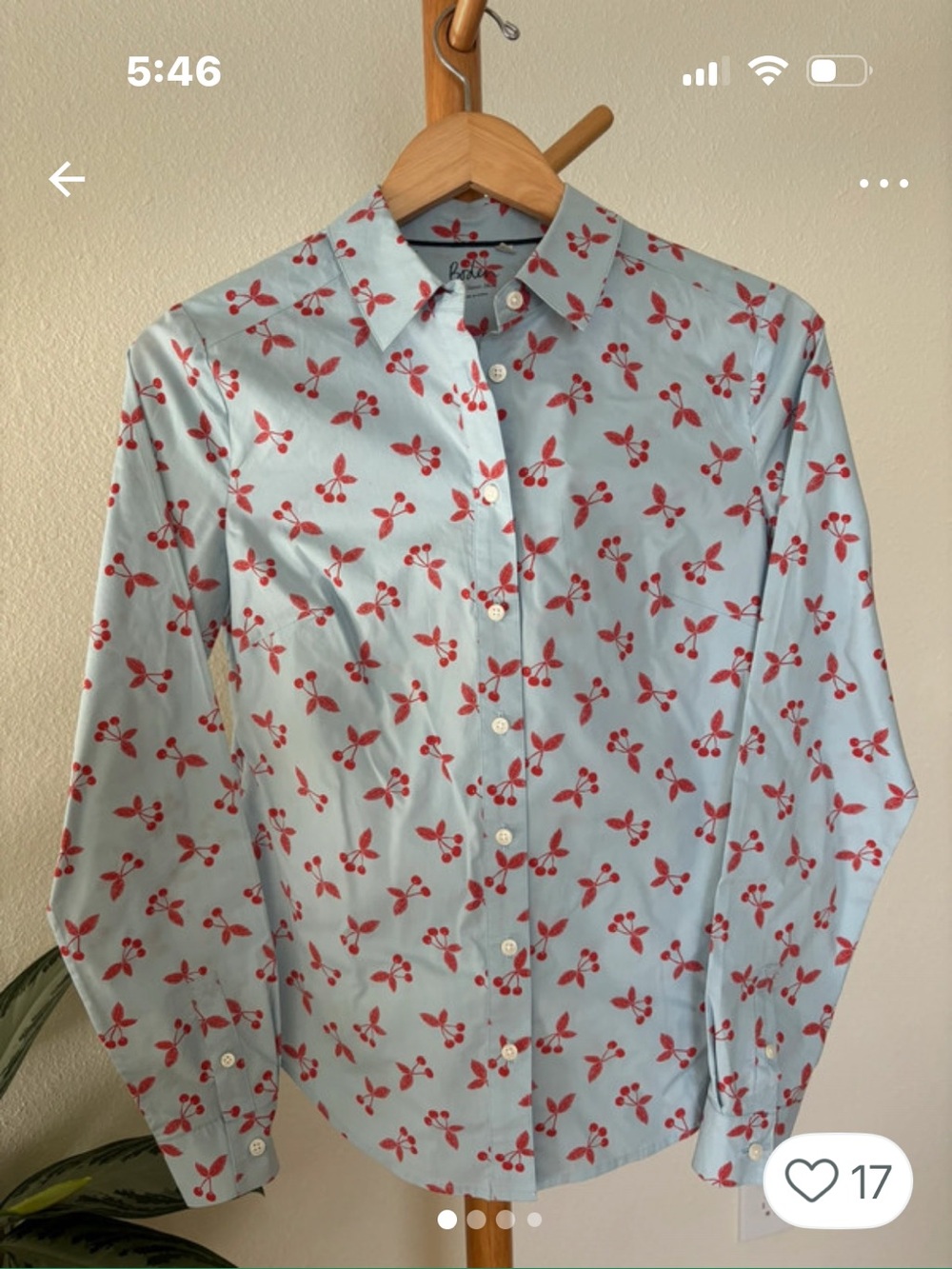 Boden Light Blue Button-Down Shirt with Red Cherry Print